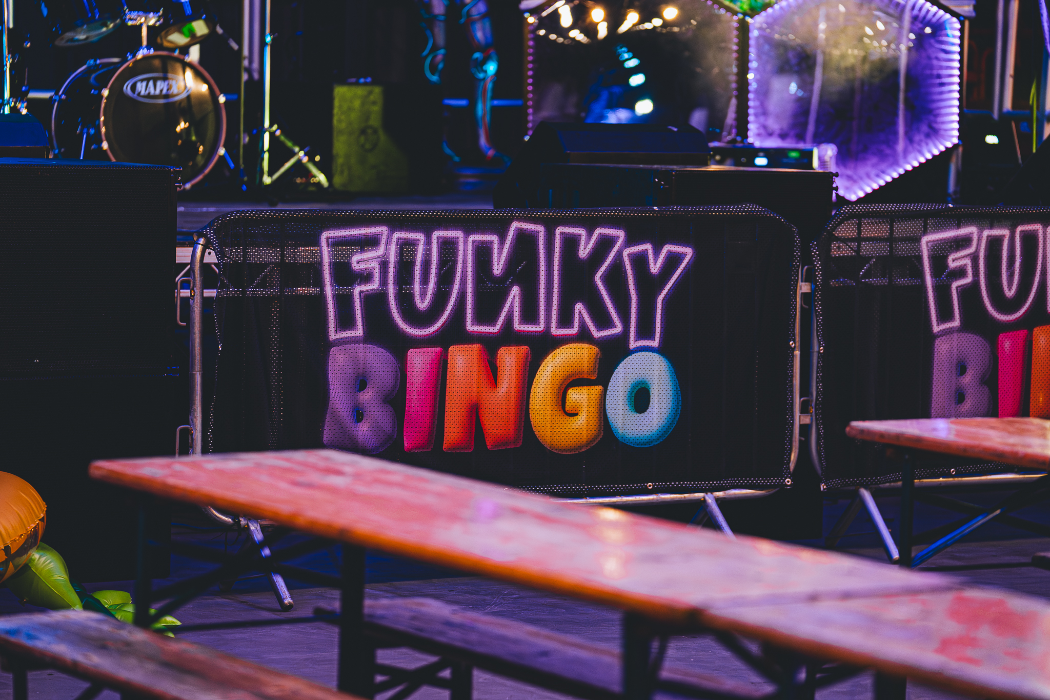 Barrier with Funky Bingo logo on it